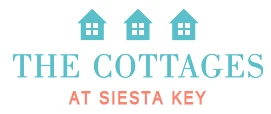 A logo showing three teal cottages above the words “THE COTTAGES” in teal, with “AT SIESTA KEY” in orange below.